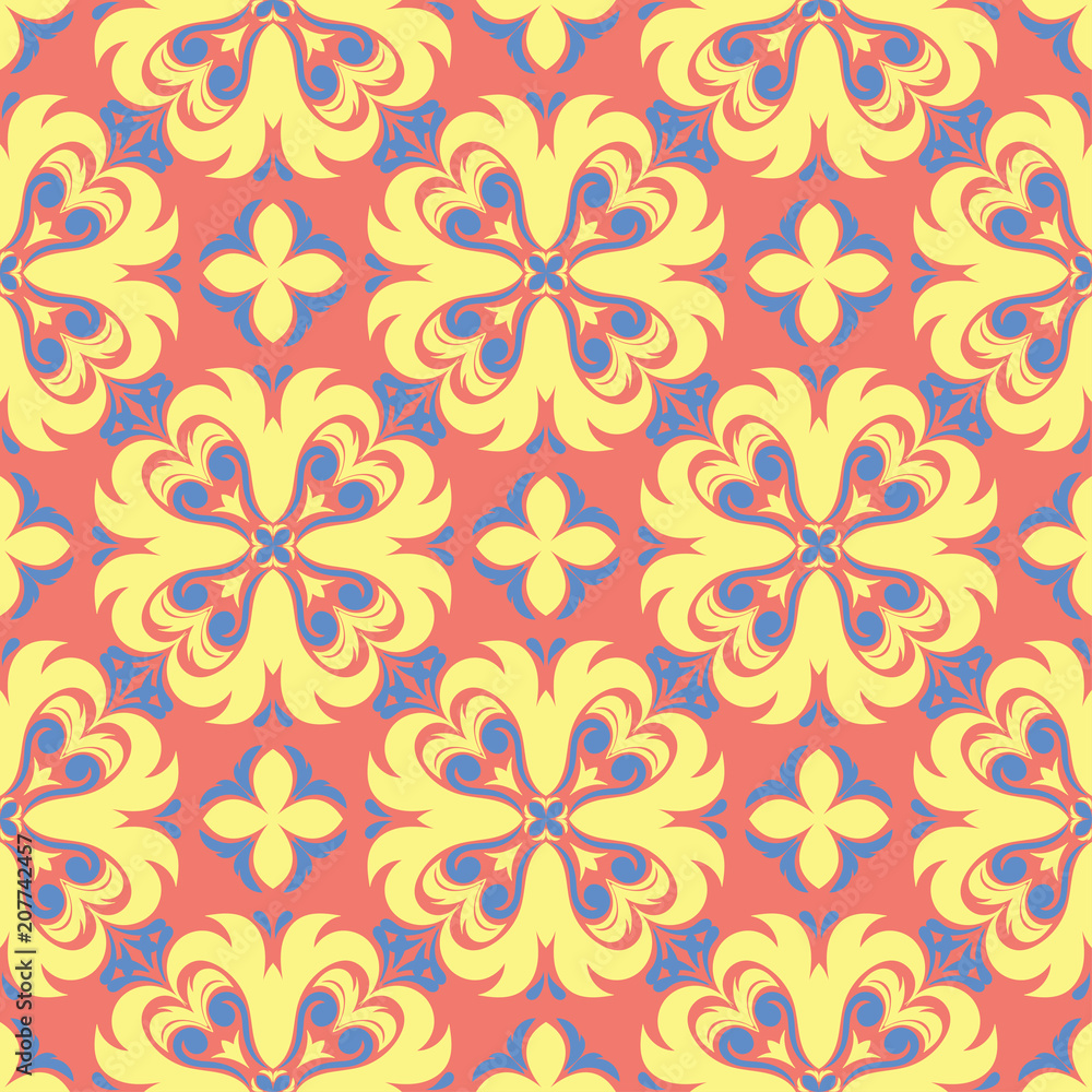 Fototapeta premium Flower design seamless pattern. Bright yellow and blue flower elements on salmon red background