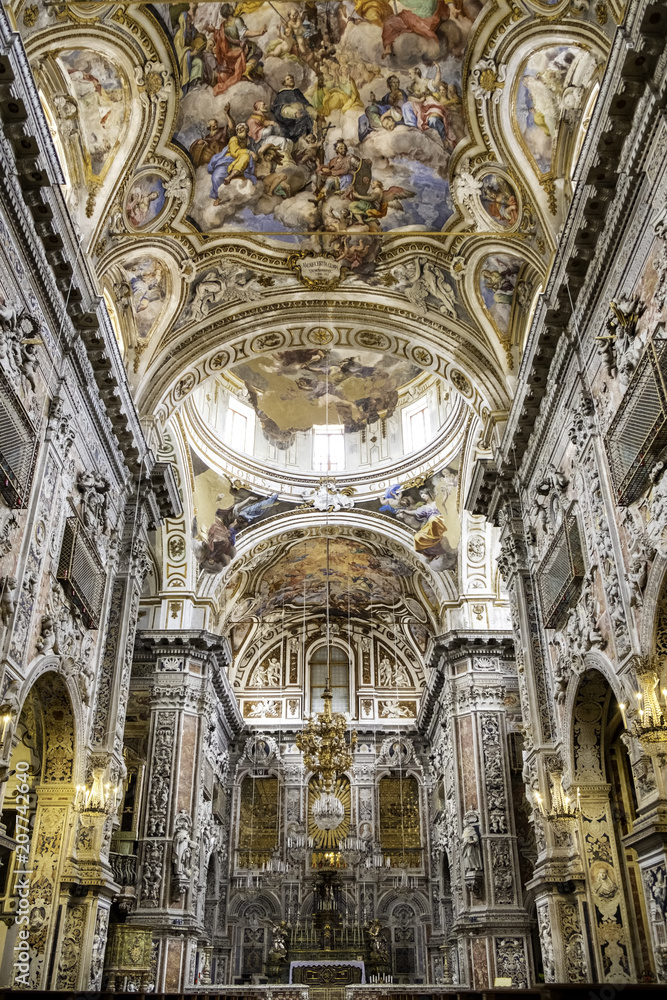 Palermo, Italy April, 2018: Interiors, frescoes and architectural details of the Santa Caterina church in Palermo. Italy. The church is a synthesis of Sicilian Baroque, Rococo and Renaissance styles.