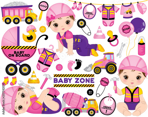 Vector Set with Cute Little Baby Girls Dressed as Little Builders and Construction Transport