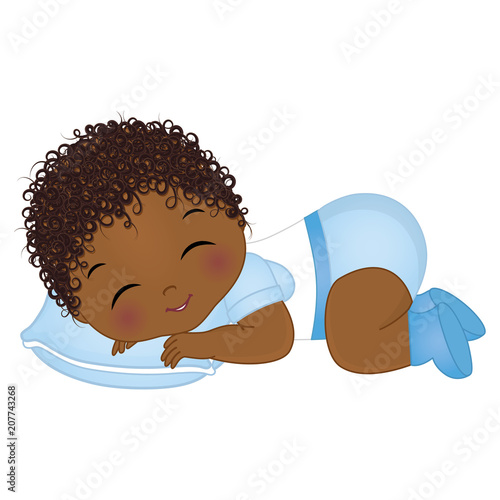 Vector Cute African American Baby Boy Sleeping. Vector Baby Boy Shower 