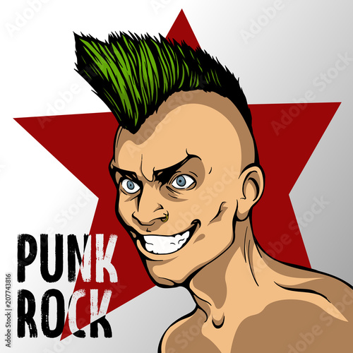 Quadro su tela A man with a green mohawk on the background of a red star and an inscription of