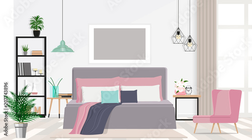 Interior design of a nice bedroom in pastel colors. Vector flat illustration.