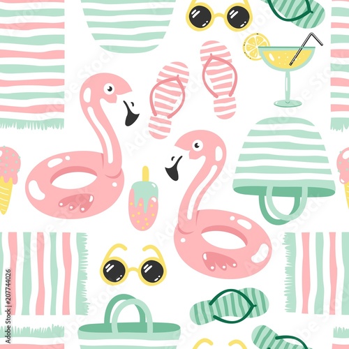 Colorful seamless summer pattern with hand drawn beach elements.