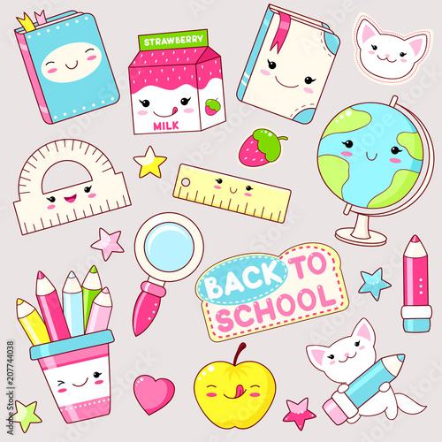 Vector set of education icons in kawaii style