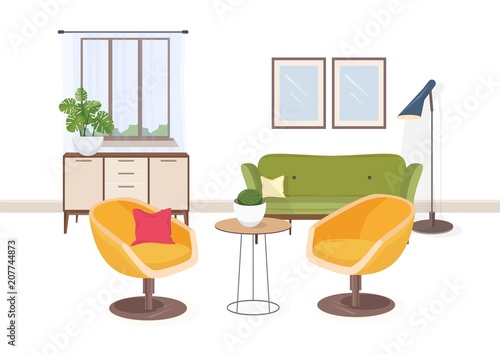 Stylish interior of living room or salon full of comfortable furniture and ho...