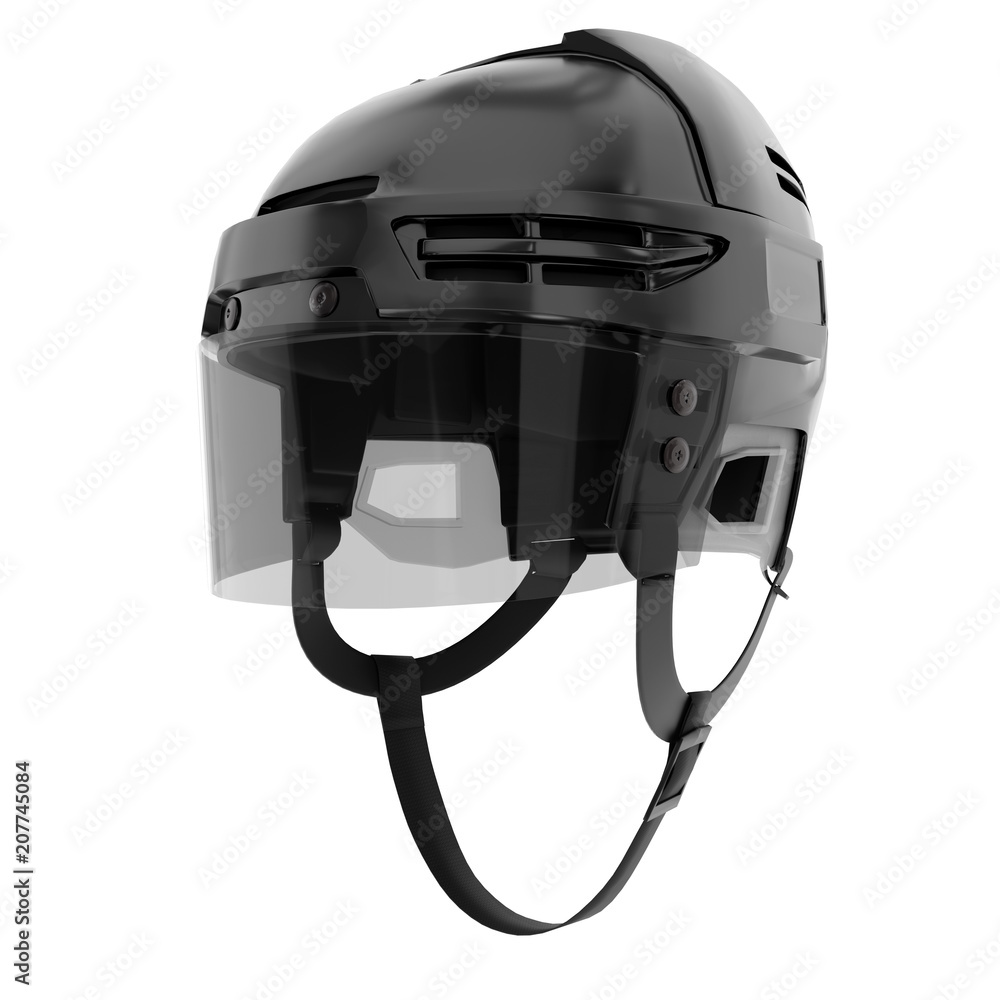 Fototapeta premium Classic Ice Hockey Helmet with Glass Visor. Perspective view. Sport athlete equipment. Template 3D render illustration Isolated on white background.