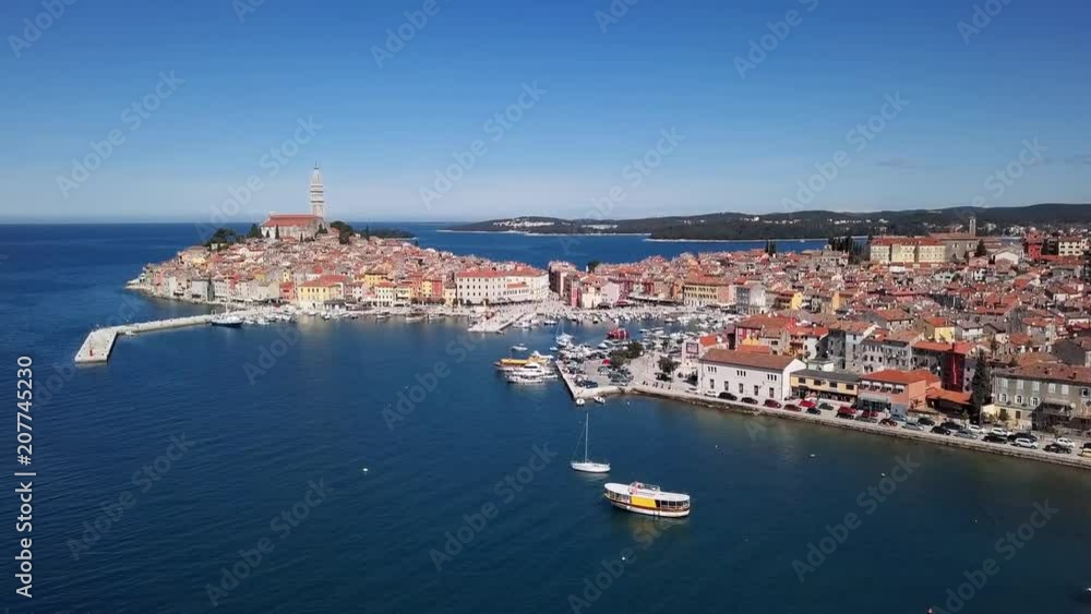 Flight over harbor and old town Rovinj, Istria, Croatia. Flight over harbor and old town Rovinj, Istria, Croatia.
