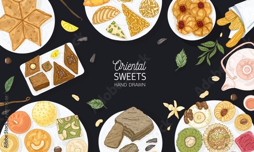 Colorful banner template with oriental sweets lying on plates on black background, top view. National dessert meals, tasty confections, delicious pastry food. Hand drawn realistic vector illustration.