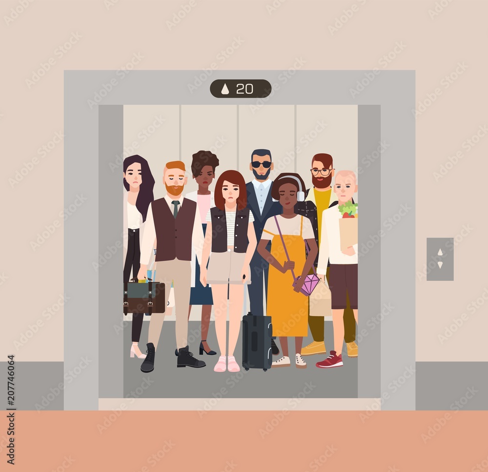 Different people standing in elevator with open doors. Group of various men and women waiting