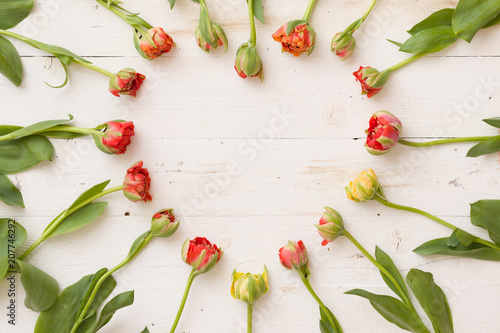 Top view on tulips in shape of a heart on white wooden background