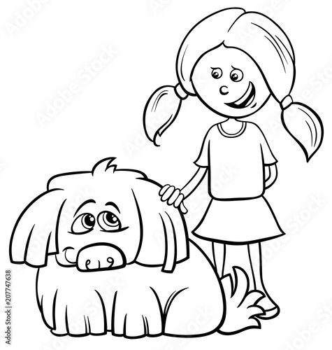 girl with shaggy dog cartoon coloring book