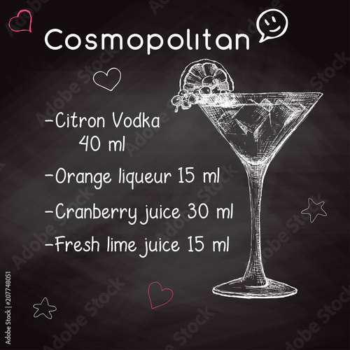 Simple recipe for an alcoholic cocktail Cosmopolitan. Drawing chalk on a blackboard. Vector illustration of a sketch style.