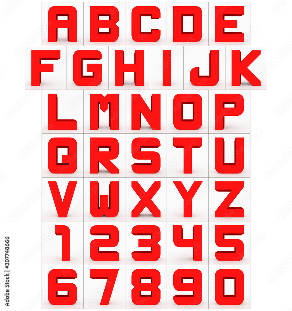 letters and numbers 3d cubic rounded red isolated on white letters and numbers 3d cubic rounded red isolated on white