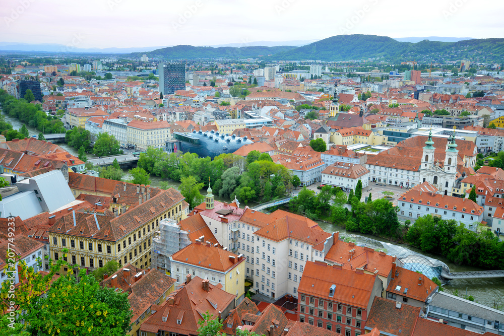 City of Graz from Schlossberg, aerial view