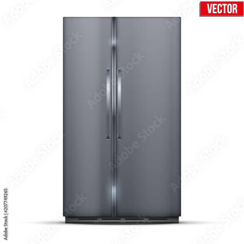 Modern Fridge Freezer refrigerator with double doors in silver color. Household tech and appliances. Vector Illustration isolated on white background.