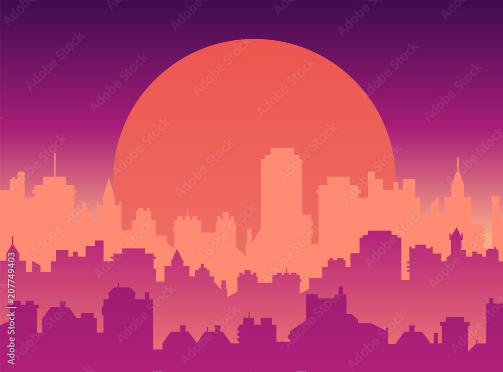 Flat cityscape with sunset sky and sun, modern city skyline flat panoramic vector background. Urban city tower skyline illustration. Silhouette of skyscrapers.  