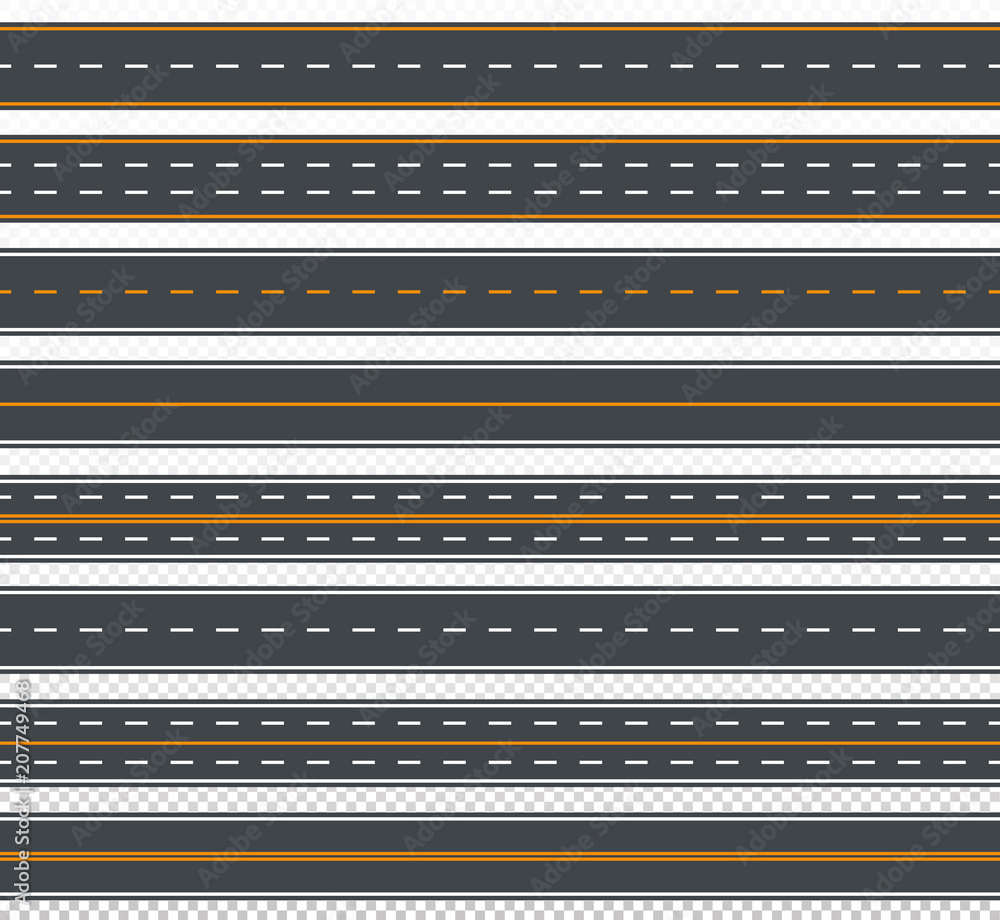 Seamless template, pattern set of straight asphalt roads. Cartoon  horizontal vector road background collection. City street, driveway, highway.  EPS 10 isolated on white background. Stock Vector | Adobe Stock