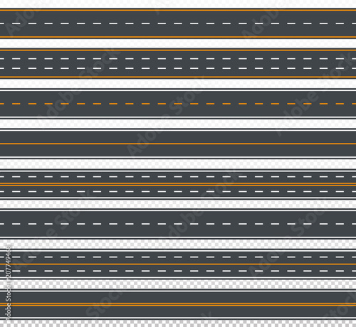 Seamless template, pattern set of straight asphalt roads. Cartoon horizontal vector road background collection. City street, driveway, highway. EPS 10 isolated on white background. 