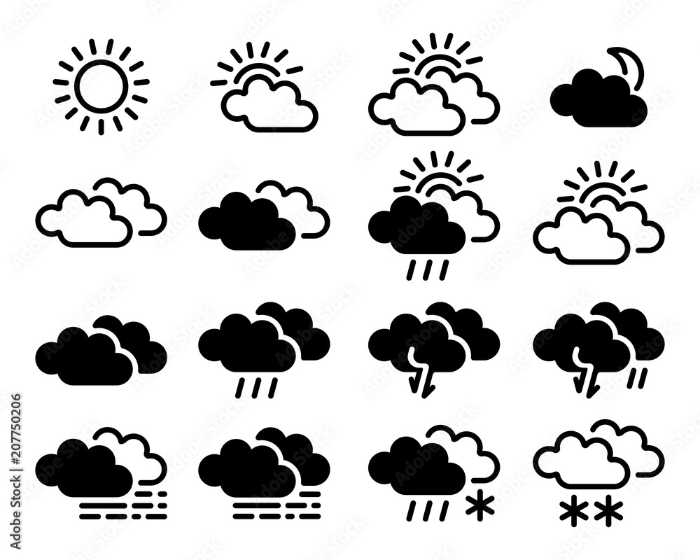 Weather simple icons collection isolated on white background. Vector monochrome illustration for your weather forecast design Weather simple icons collection isolated on white background. Vector monochrome illustration for your weather forecast design