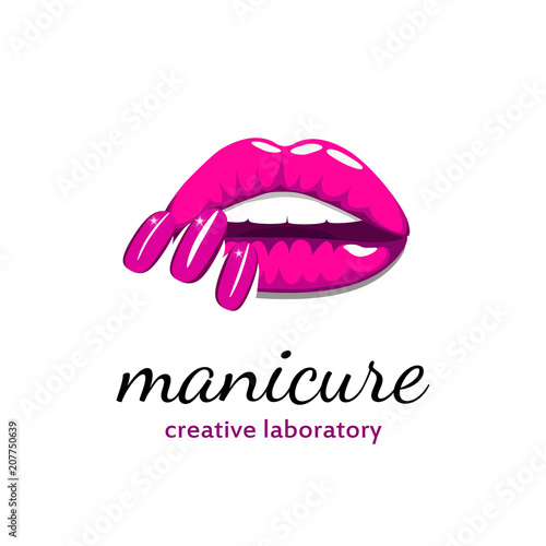 Beautiful girl lips with bright pink manicure nails. Beauty Logo, banner, poster. Vector illustration