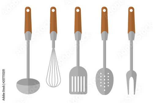 kitchen appliances and utensils, vector flat isolated illustration ladle, mixer, spoon, fork