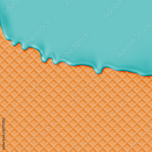 Realistic waffle with melting icecream, vector illustration