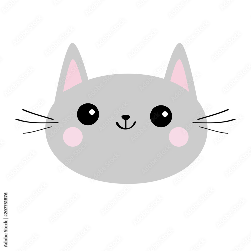 Gray cat head face silhouette icon. Cute cartoon kitty character. Kawaii  animal. Funny baby kitten with eyes, mustaches. Love Greeting card. Flat  design. White background Isolated. Stock Vector