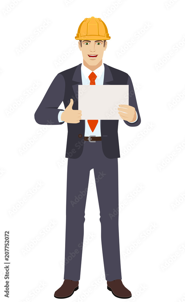 Businessman in construction helmet showing thumb up and showing the blank paper Businessman in construction helmet showing thumb up and showing the blank paper
