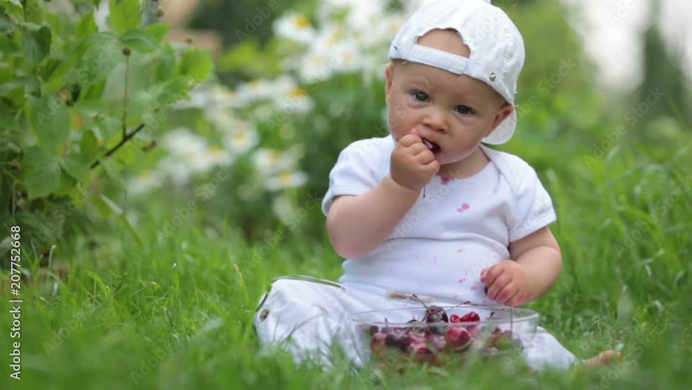 Sweet little child, baby boy, eating cherries in garden, enjoying tasty fruit, getting dirty Sweet little child, baby boy, eating cherries in garden, enjoying tasty fruit, getting dirty