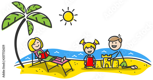 Familie fröhlich am Strand im Urlaub Strichfiguren gezeichnet