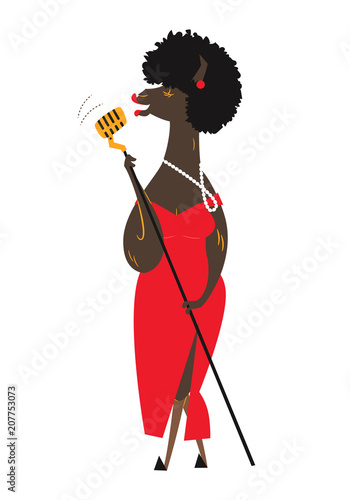 Jazz lama-singer. Cartoon lama sings into a golden microphone. Cute print for fabric, t-shirt, poster, card, bag. Bright vector template in style of the 1950s.