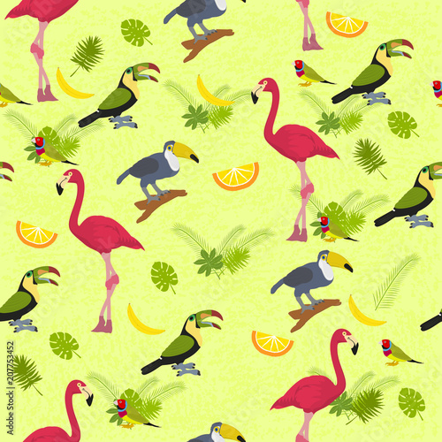 Seamless vector background on a tropical theme with flamingos