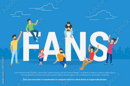 Football world cup fans. Flat people using laptop and smartphone for watching football world cup games gesturing hands up and joying the winner. Young fans watch a game online sitting on big letters