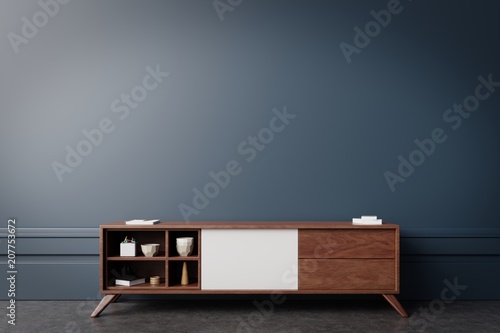 Tv cabinet in modern empty room,Dark wall, 3d rendering photo