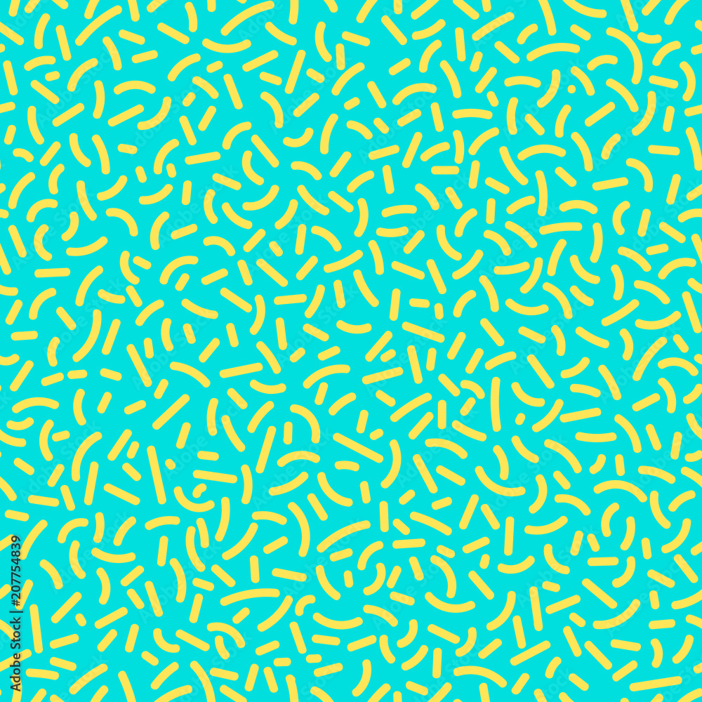 Abstract modern pop art vector seamless pattern with yellow forms in trendy memphis style on turquoise background.