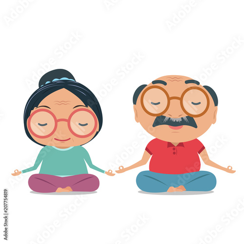 Grandparent, Old senior man and woman being physically and healthy. Cute yoga and meditation illustration in flat style isolated on white background. vector and illustration.