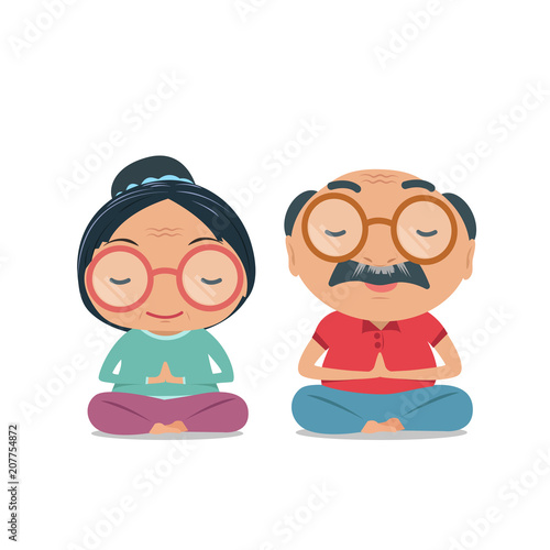 Grandparent, Old senior man and woman being physically and healthy. Cute yoga and meditation illustration in flat style isolated on white background. vector and illustration.