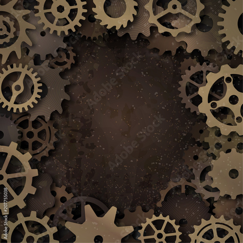 Vector steampunk frame with metallic gears on grunge background.