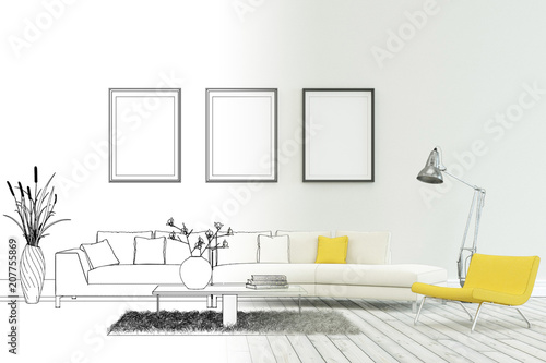 Interior Design Modern Loft Drawing Gradation Into Photograph