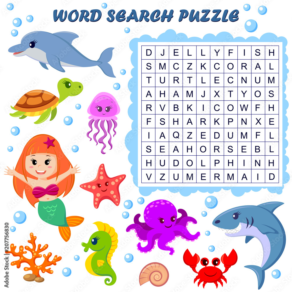 Fototapeta premium Puzzle wyszukiwania słowa. Wektor gra edukacyjna dla dzieci. Zwierzęta morskie