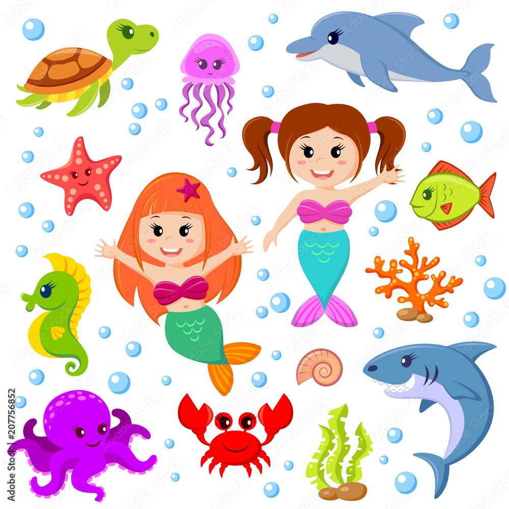 Cute cartoon sea animals and mermaids