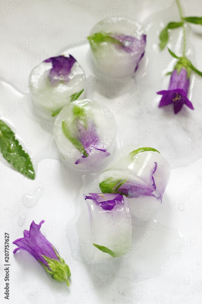 Bright ice cubes with flowers and herbs on a light marble background.