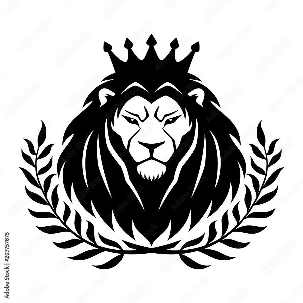 Fototapeta premium Royal lion in the crown and laurel wreath on a white background.
