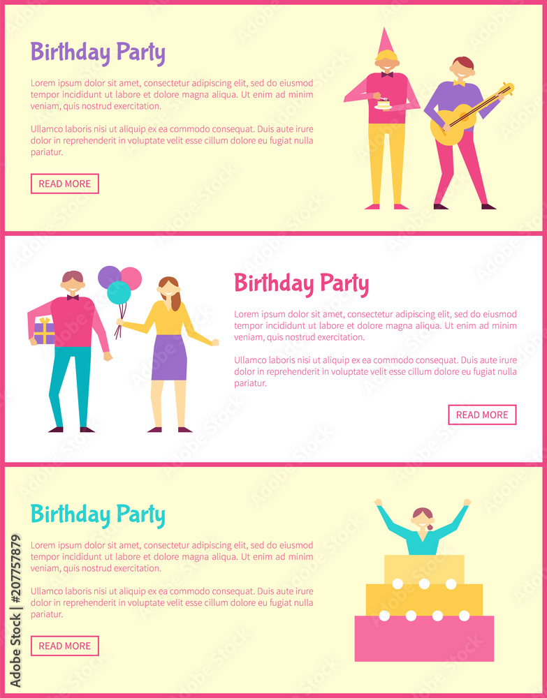 Three Birthday Party Cards Vector Illustration