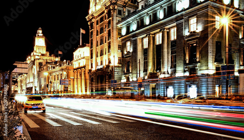 Photography colorful lights and long exposure stripes of moving cars on the streets of shan