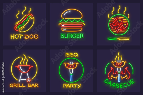 Set of neon icons for barbecue and cooking food on grill picnic.