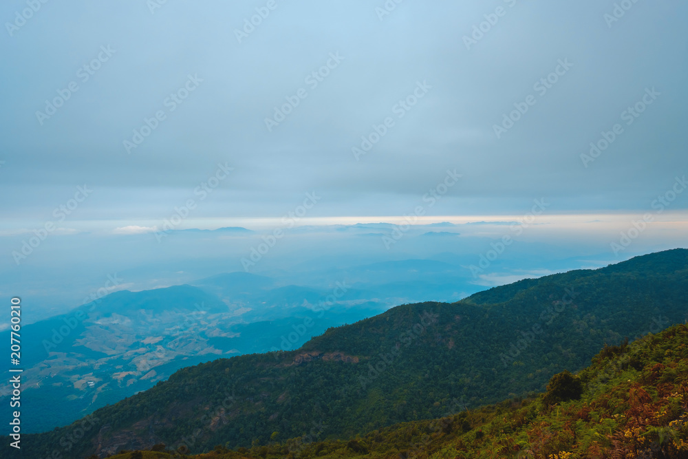 high mountains peaks range clouds in fog scenery landscape national park view outdoor  at Chiang Rai, Chiang Mai Province, Thailand