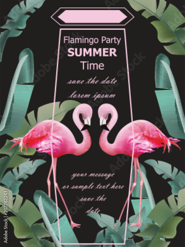 Flamingos party Summer card Vector. Tropic exotic dark poster banner