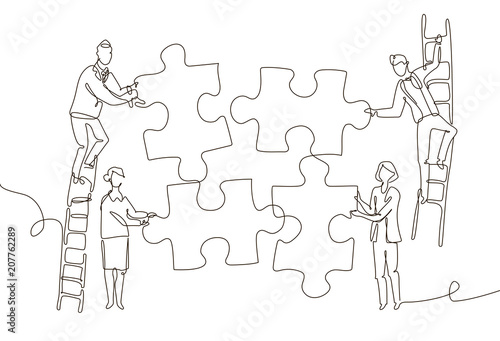 Business team doing a puzzle - one line design style illustration
