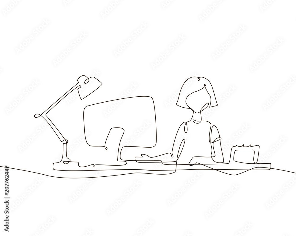 Girl at the computer - one line design style illustration Girl at the computer - one line design style illustration